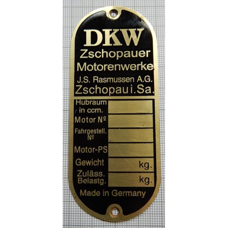 gold Typenschild für DKW Zschopauer Motorenwerke 